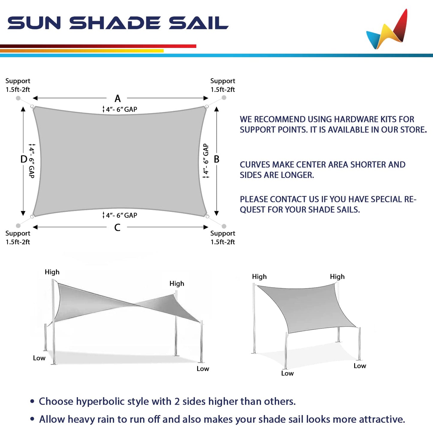 Windscreen4less 8' x 8' Sun Shade Sail Rectangle Outdoor Canopy Cover UV Block for Backyard Porch Pergola Deck Garden Patio (Gray)