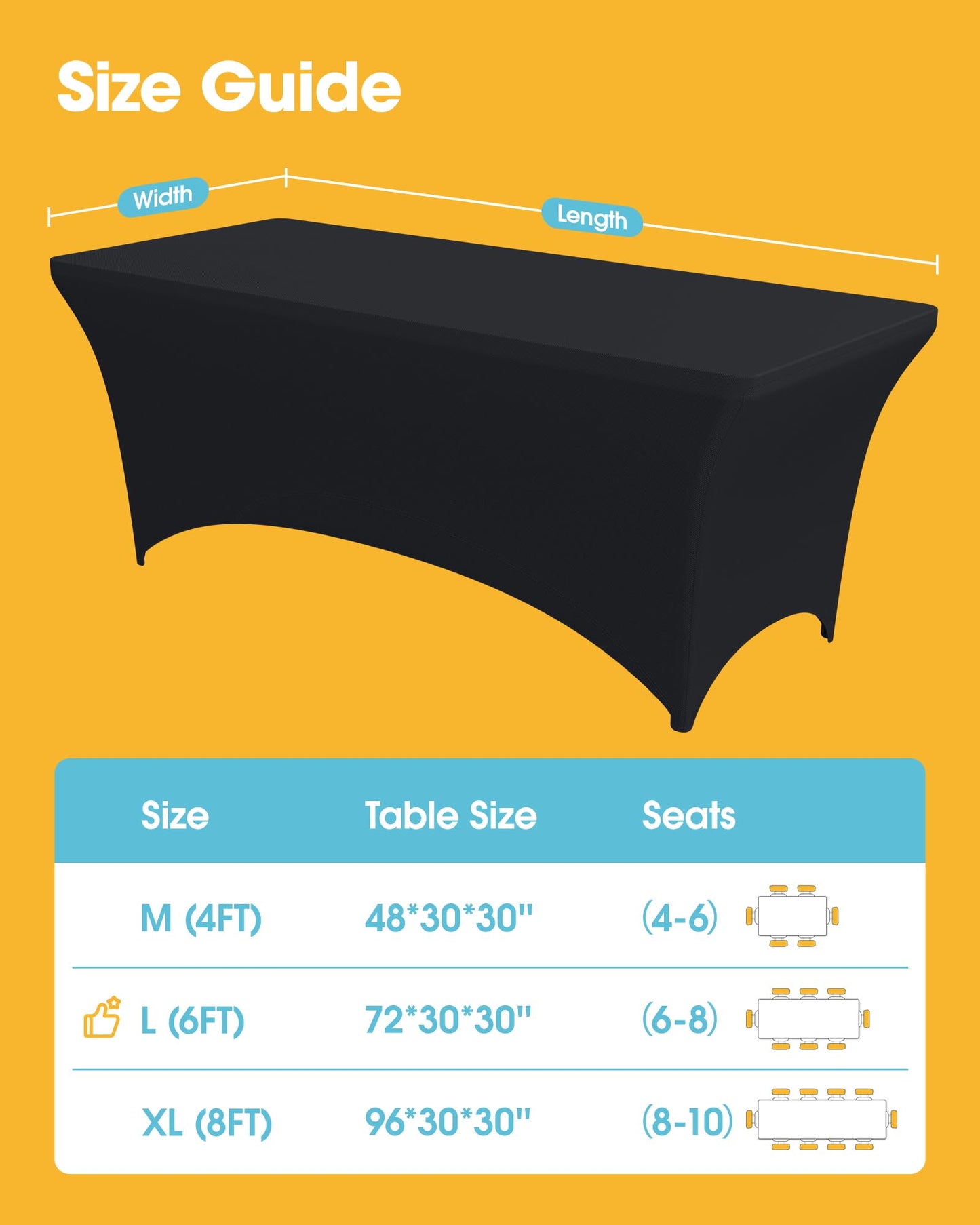 Niuara 4-Pack Black Spandex Tablecloths – 72"x30"x30" Stretch Fitted Table Covers for 6ft Rectangle Folding Tables, Wrinkle-Resistant Tablecloth for Wedding, Banquet & Outdoor Events