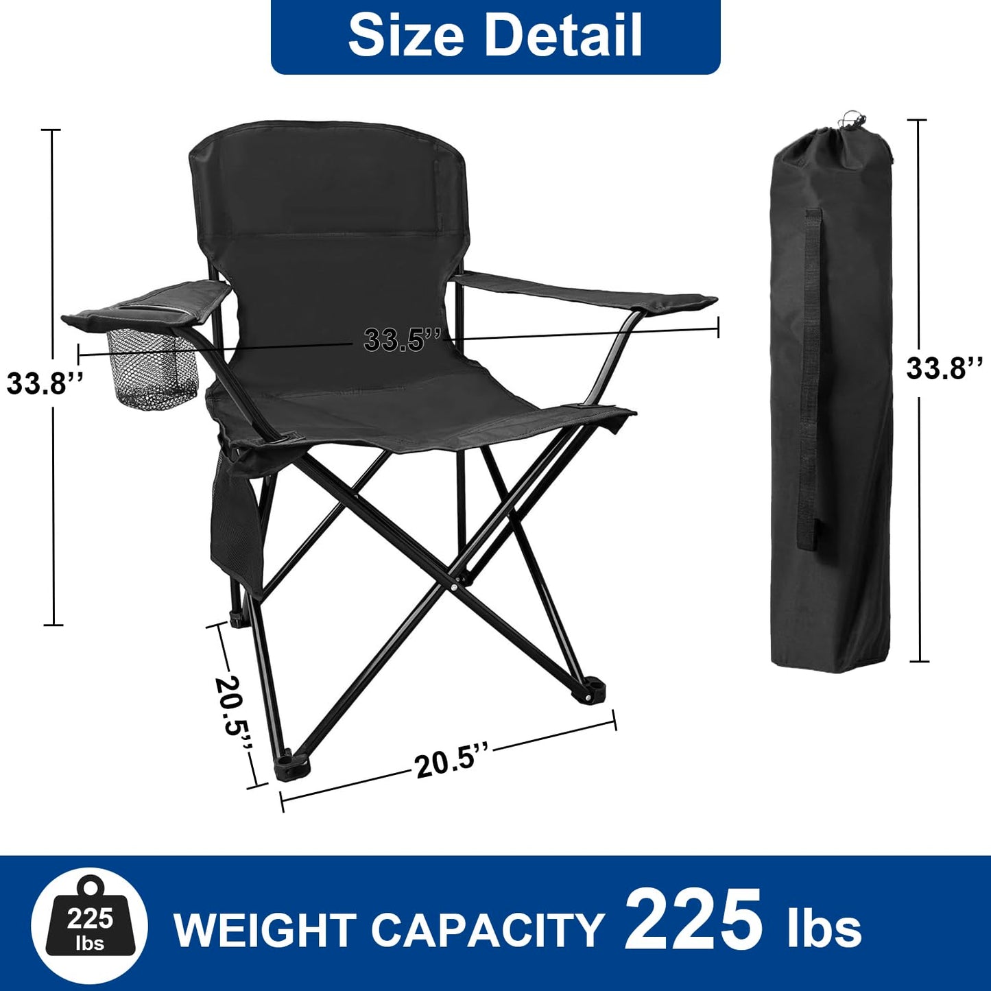 SAILARY Folding Camping Collapsible Chairs Heavy Duty Lawn Chair with Cooler Bag, Storage Pocket, Waterproof Bag Outdoor Arm Chair, Supports 225LBS, Black