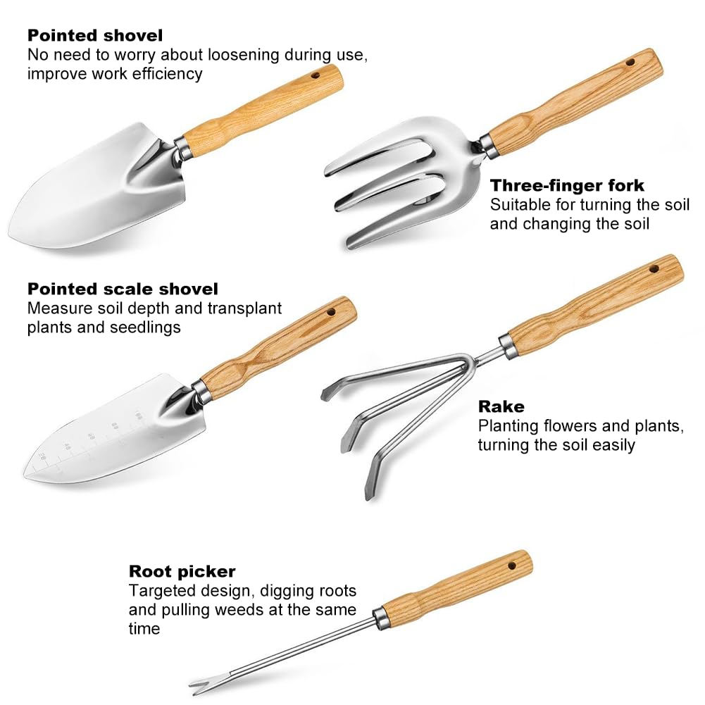 Garden Tool Set, 5 Piece Stainless Steel Gardening Hand Tools Including Graduation Shovel, Hand Rake, Transplanter, Trowel, Hand Cultivator