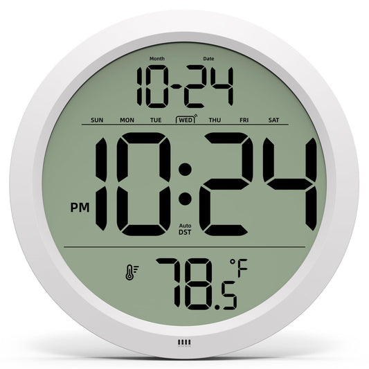 Digital Wall Clock with Date, Indoor Temperature, Auto-DST, Battery-Operated Digital Clock, 8 Inch Small Decorative Wall Clock for Bedroom, Living Room, Home, Kitchen, Office, Modern, Electric, Simple