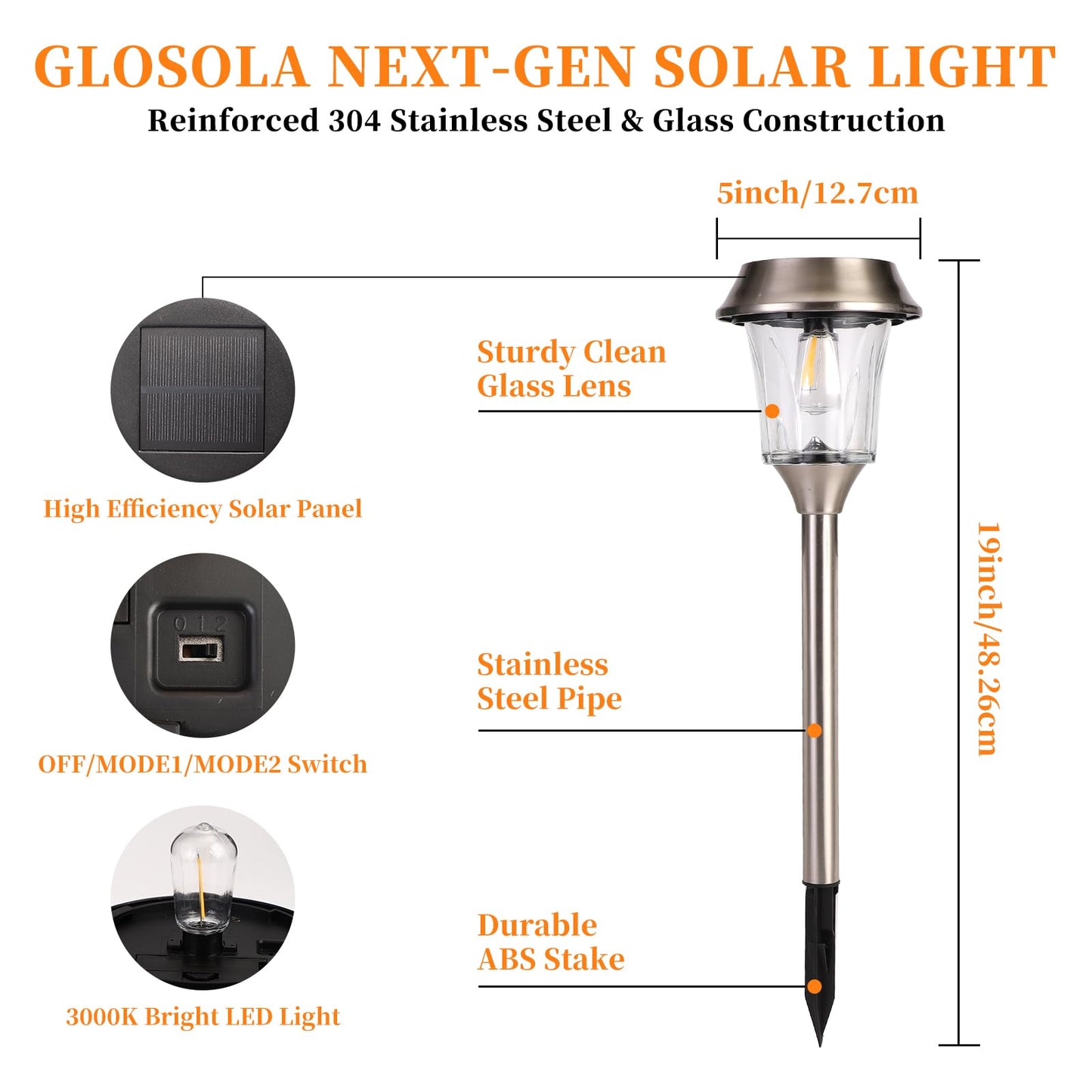Solar Pathway Lights Outdoor 4 Pack, Stainless Steel & Glass Solar Garden Lights, Auto Dusk to Dawn IP65 Waterproof LED Path Lights for Yard, Lawn, Walkway, Driveway