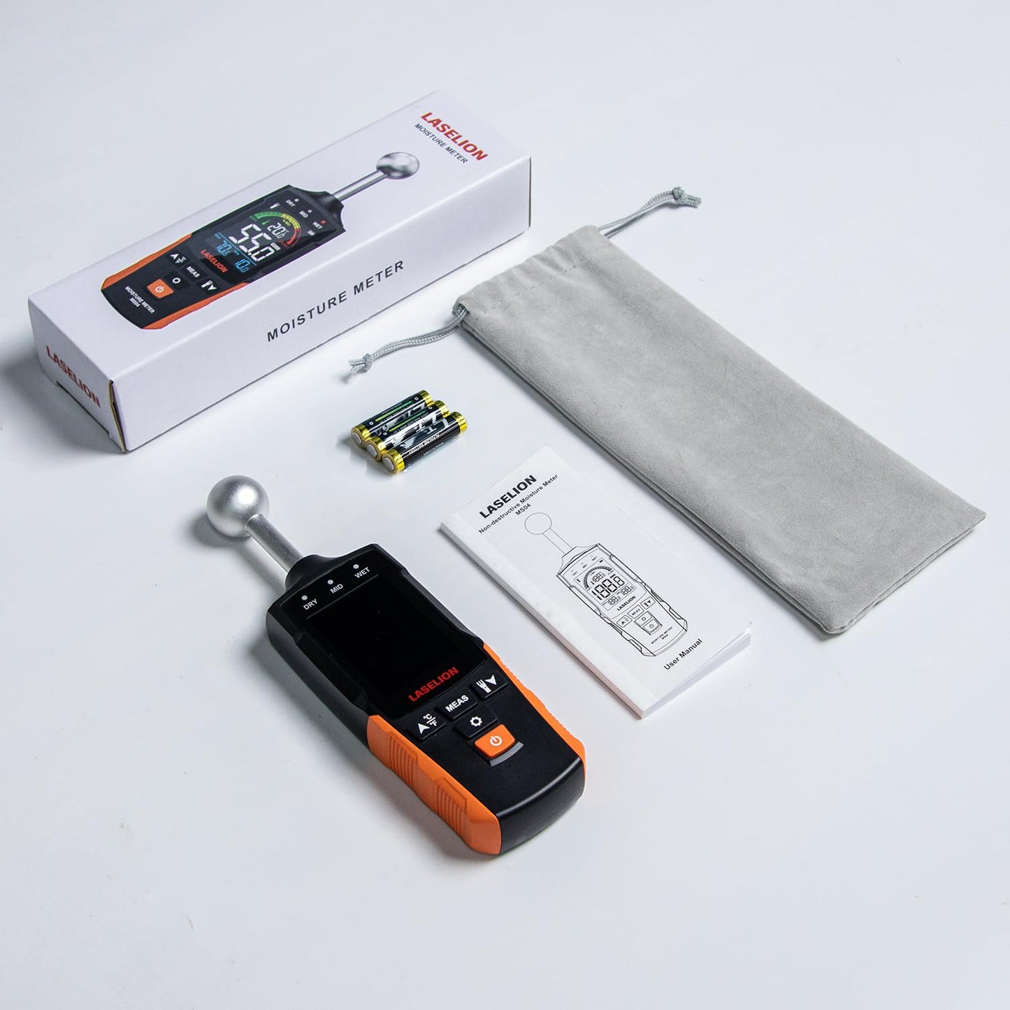 LASELION MS04 Pinless Moisture Meter with Ball Probe for Non-Destructive Area Scans Ideal for Wood Walls and Construction Materials Customizable Humidity Alarms Built-in Flashlight