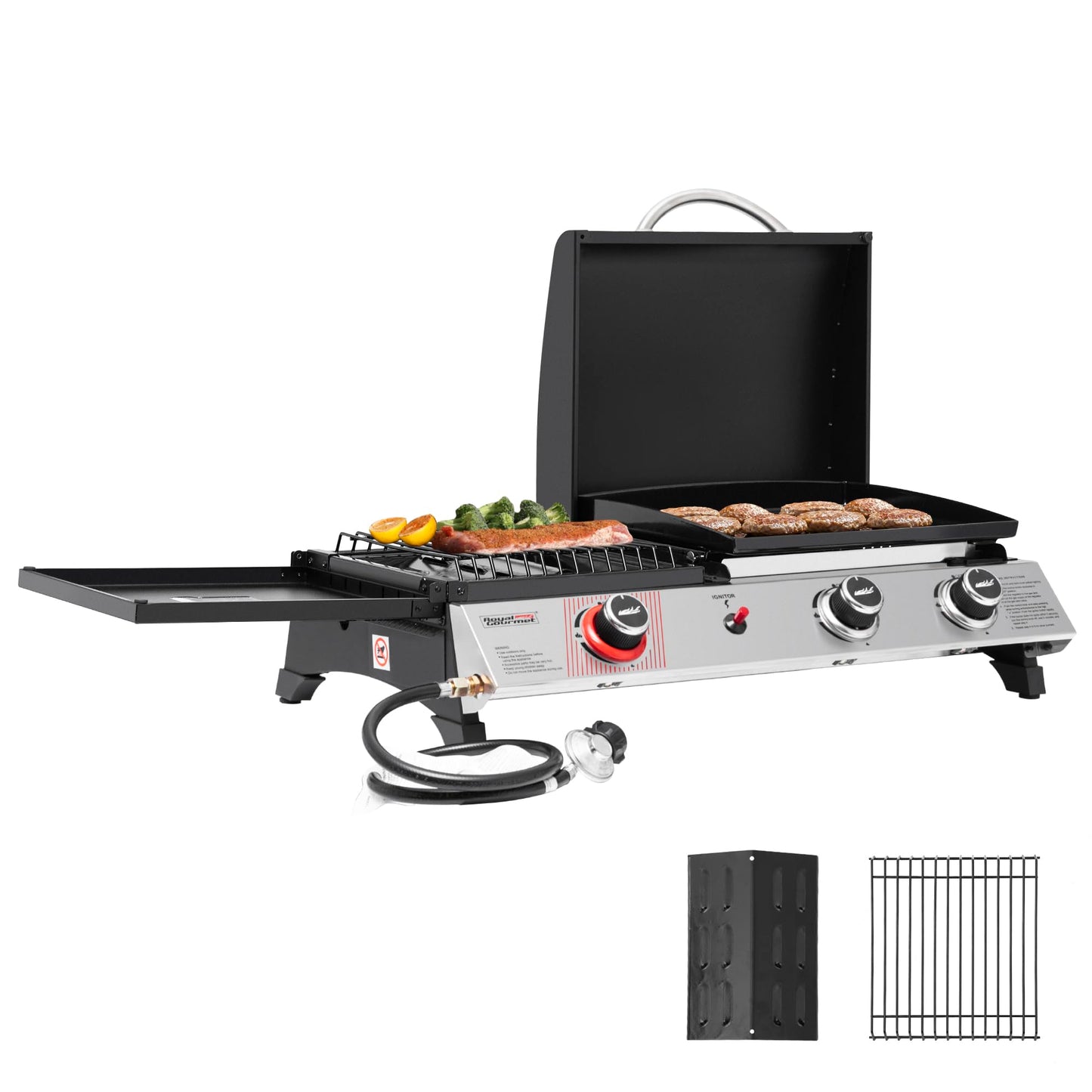 Royal Gourmet PD1305H 3 Burner Propane Gas Grill and Griddle Combo with Lid, 3-in-1 Grill Griddle Combo with 29,000 BTUs Output for Outdoor Cooking, 364 Sq. In. Cooking Area, Silver & Black