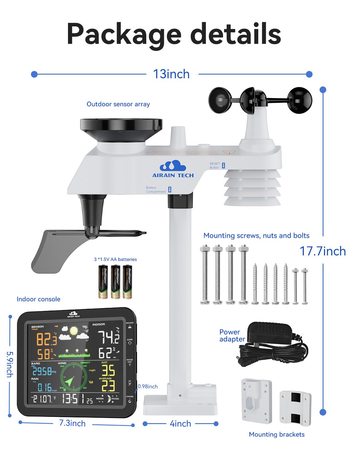 AIRAIN TECH 10-in-1 Wireless Weather Station with Outdoor Wireless Sensor,Radio Controlled Clock,Rain Gauge,Wind Speed/Direction,Moon Phase, Barometer,Temperature/Humidity,Weather Forecast (NO WiFi)