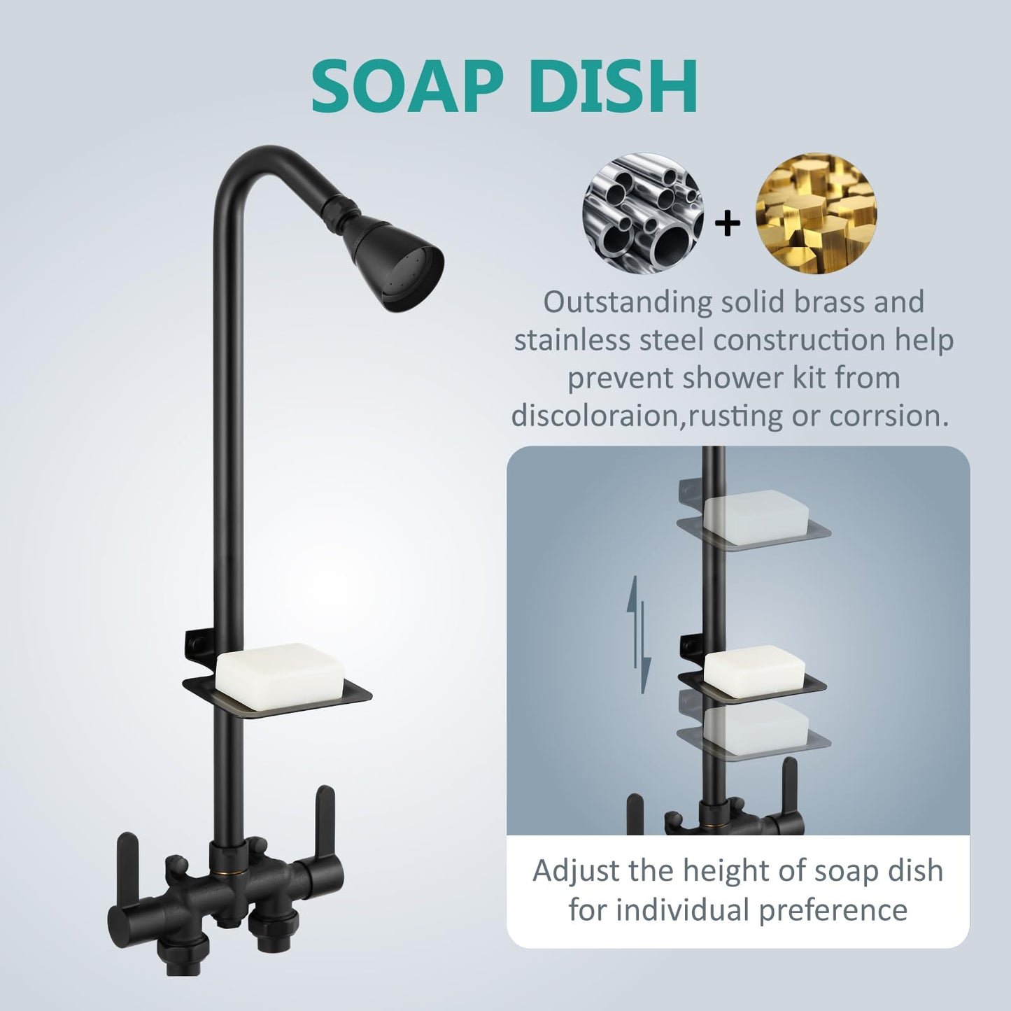 Aolemi Outdoor Shower Fixtures,Outdoor Shower Kit Faucet System 3 Inch Center with Showerhead 2 Handle Exposed Shower with Brass Mix Valve Pipe Downward with Soap Dish Matte Black