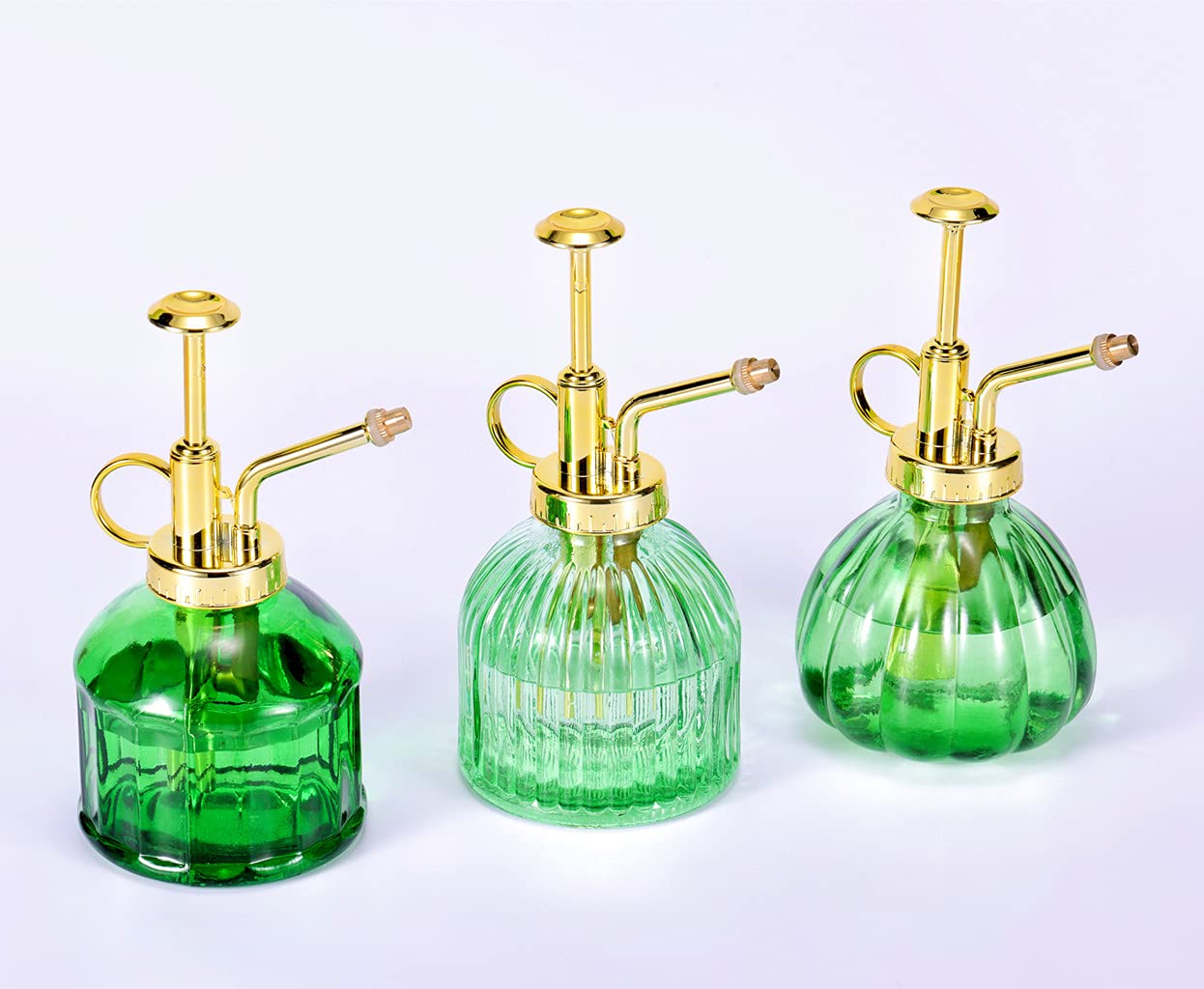 Aebor Glass Plant Mister Spray Bottle, 6.5" Green Glass Water Spray Bottle with Gold Top Pump Small Watering Can, Small Plant Sprayer Mister for Indoor Outdoor House (Green+Gold A)