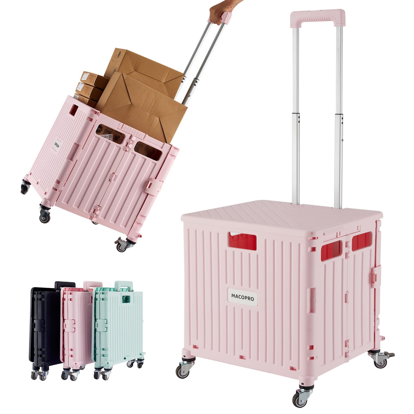 MACOPRO Folding Utility Cart Portable Rolling Crate Handcart Shopping Trolley Collapsible Tool Box, with Lid, Basket on 4 Rotate Wheels, for Grocery, Shopping, Office, Teacher (Pink)