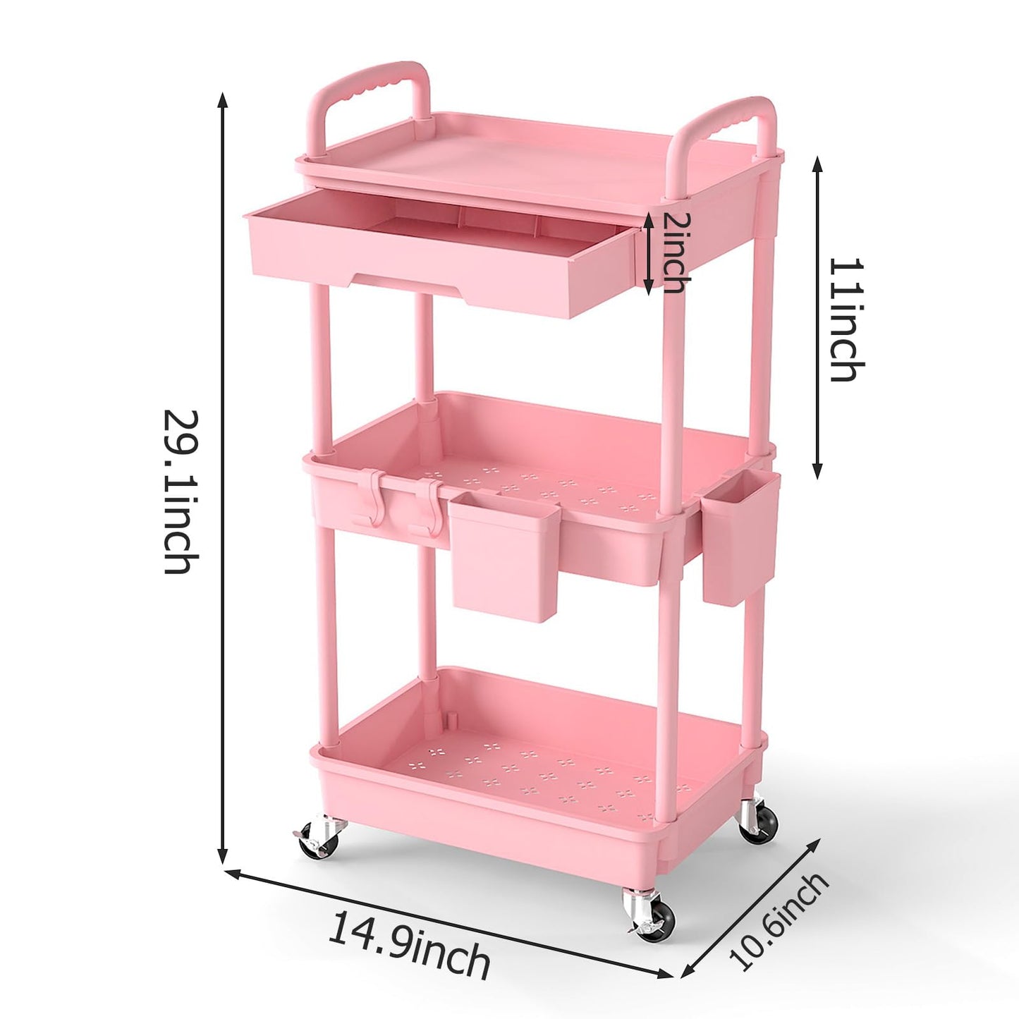 LLMRR 3 Tier Rolling Utility Cart with Drawer, Plastic Storage Organizer Rolling Carts with Wheels Handles Hanging Cups Hooks for Office, Bathroom, Kitchen,Craft Art Room (Pink)