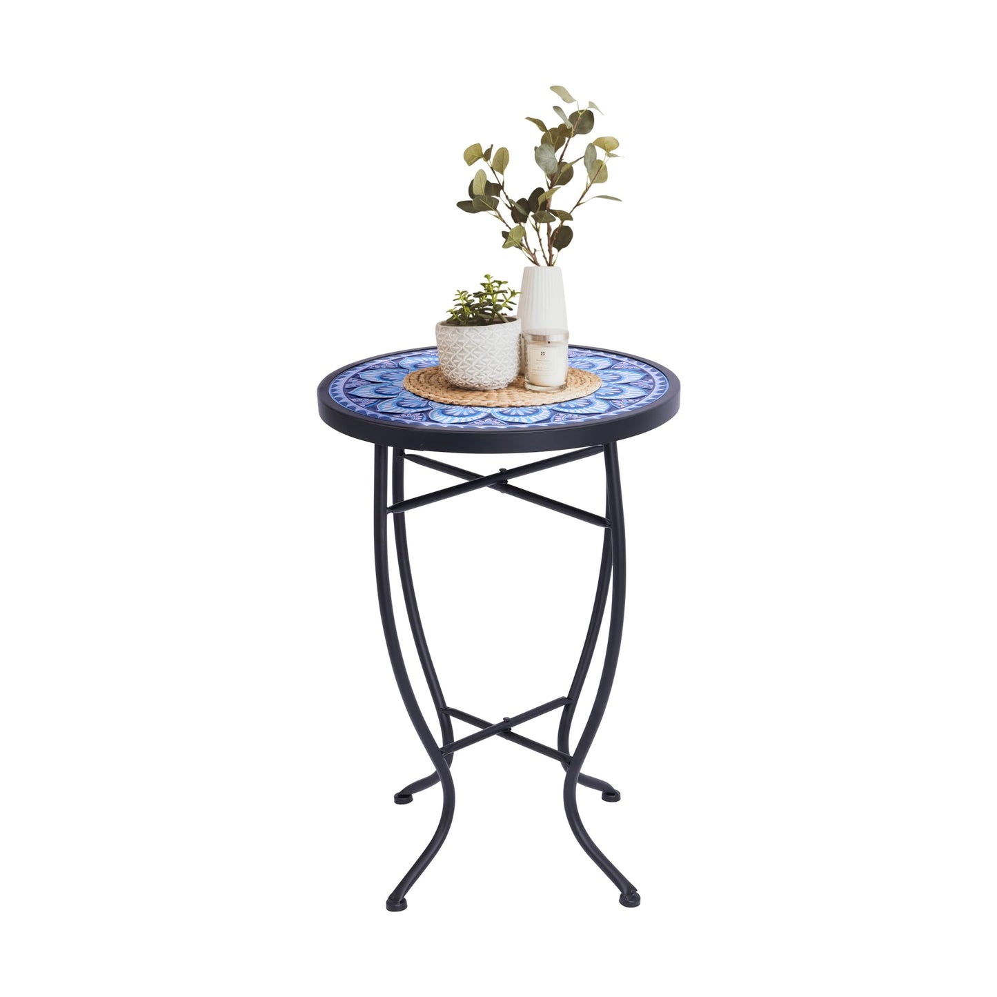Elevon 14 Inch Round Side Ceramic Tile Top Indoor and Outdoor Accent Table, Greek