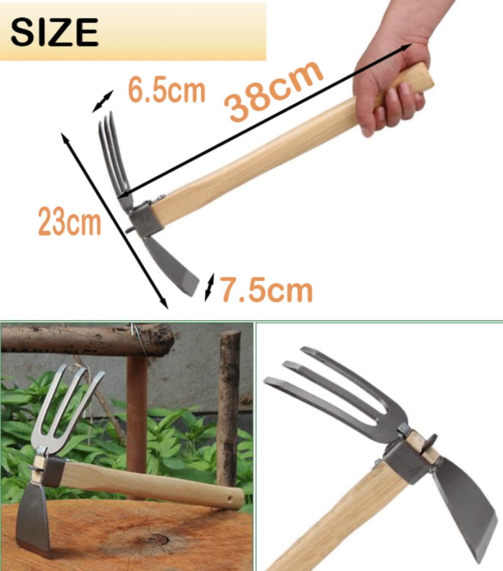 Garden Hoe,Garden Tools Digging Hoe and Rake, Hand Hoe with Wooden Handle for Loosening Soil and Weeding (2 in 1-Hoe and Rake)