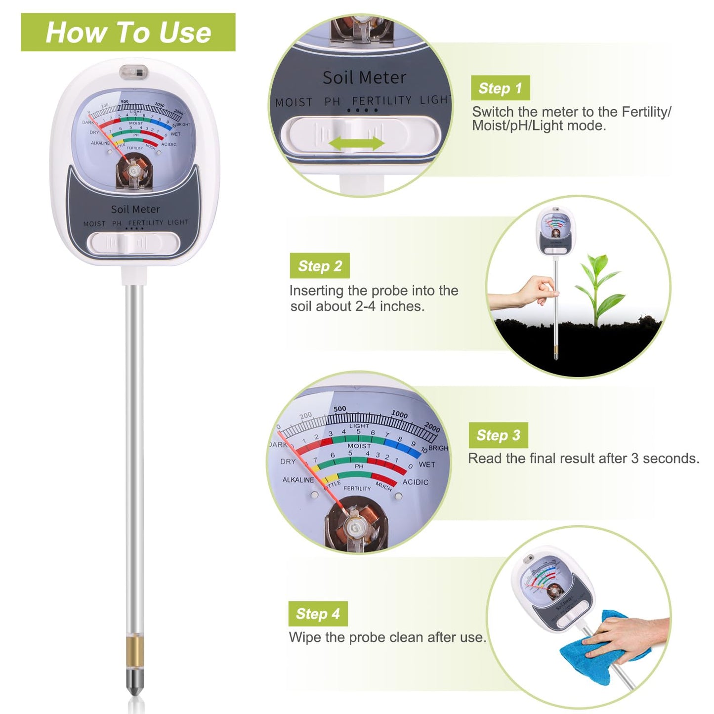 HSLGOVE 4-in-1 Soil Test Kit – Soil Moisture Meter, pH, Fertility & Sun-Light, No Battery Required, Large Dial Soil Tester for Indoor & Outdoor Gardening, Lawn, Farm –Pearl White