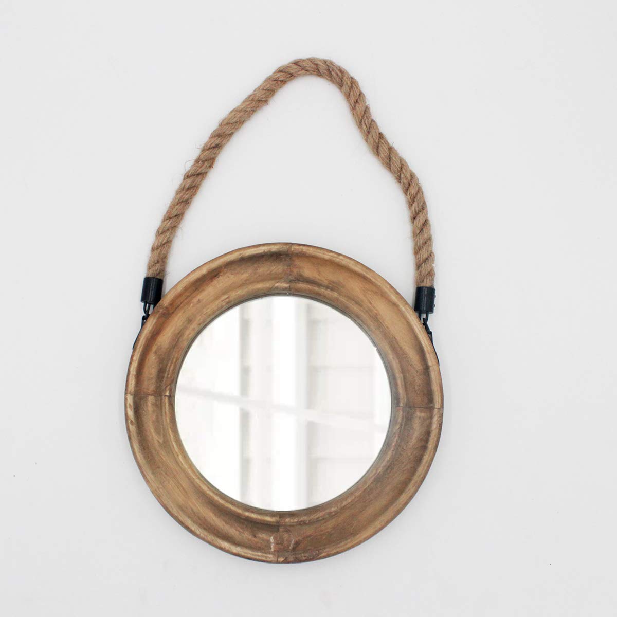 Funly mee Rustic Round Decorative Mirror with Solid Wood Frame&Rope Hanging,Farmhouse Antique Wall Decor(Small 9.9X9.9in)