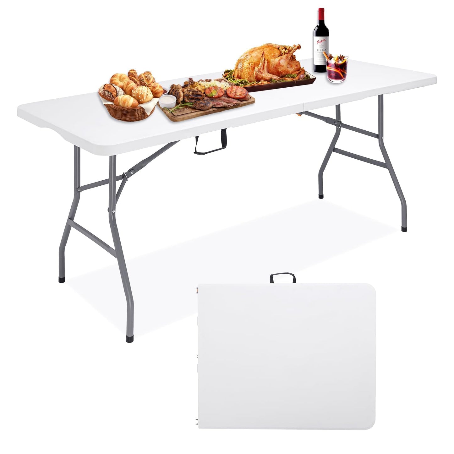CHRONELLE 6FT Folding Camping Table Portable 350lbs, 6 Foot Folding Picnic Card Table for Outdoor, Plastic Rectangular Dining Work Tables for Indoor, Heavy Duty Fold-in-Half Tray Tables, 71x29 inch