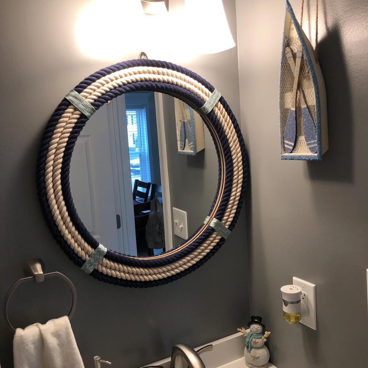 The Worlds Craft Nautical Round Rope Mirror - White Twisted Rope Wall Hanging Mirror, Rustic Boho & Coastal Farmhouse Décor for Bathroom, Bedroom, Nursery, or Entryway