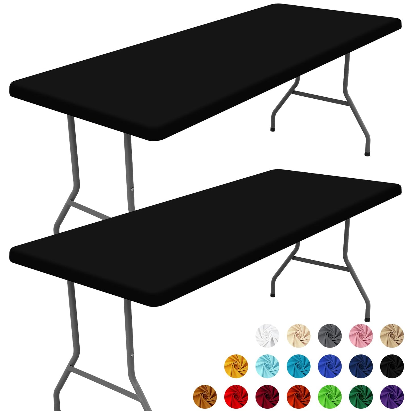 Moosfor Spandex 6 Foot Rectangle Table Cloth 2 Pack, Elastic Fitted Tablecloths for Picnic, Stretch Washable Patio Table Cover for Outdoor, Camping, Banquet and Parties (Black, 30"x72")