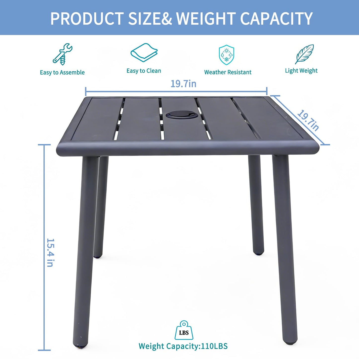 UFavo Home Small Metal Outdoor Side Table with Umbrella Hole Set of 2, Sqaure Patio Coffee Bistro Table End Table, Umbrella Table with Hole for Poolside Yard Porch Deck Balcony,19.7x19.7 inches, Gray