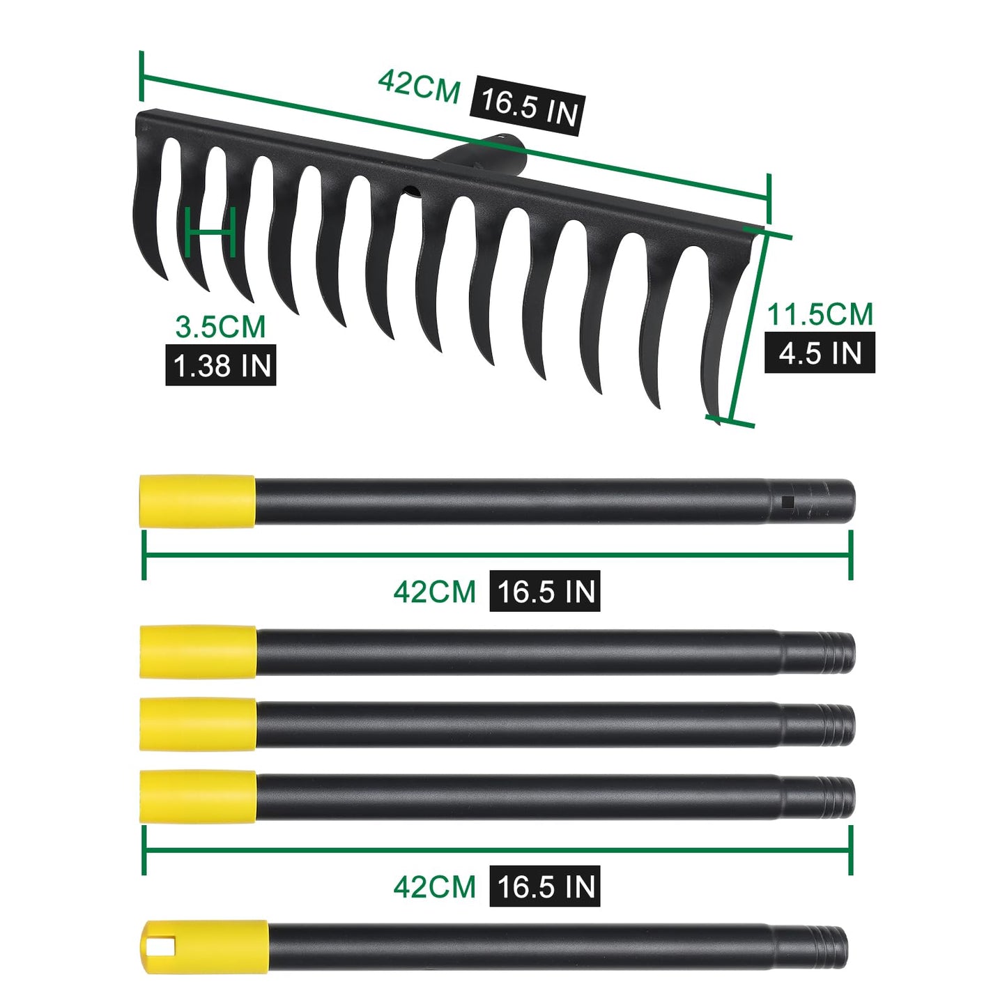 Garden Rake Heavy Duty, 74 Inch Metal Rake with 12 Tines, Bow Rake with Long Handle for Loosening Soil Leveling Lawn Farming Land, Black