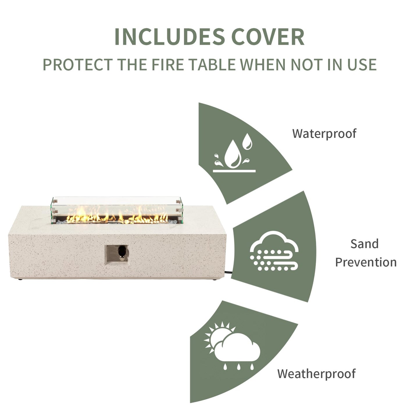 COSIEST Outdoor Propane Fire Pit Table, 56" x 28" Rectangle Terrazzo White Concrete-Like Finish, Certified, 50,000 BTU Stainless Steel Burner w Transparent Gray Fire Glass, Wind Guard, Raincover