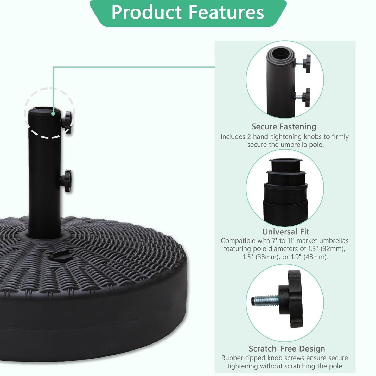 Helios&Hestia 88 lb Heavy Duty Round Plastic Water and Sand Fillable Outdoor Umbrella Base Stand Weight for Patio Market Table Umbrella, Black