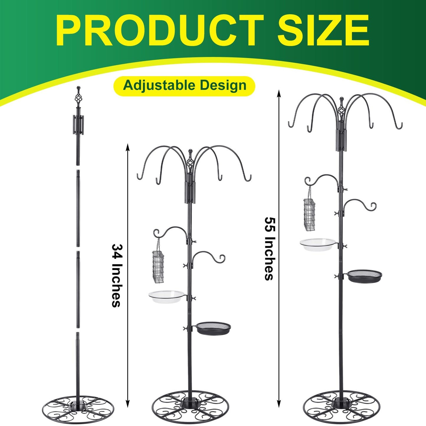 MorningRo Adjustable Shepherd Hook Stand, 34"- 55" Black Iron Shepherd Hook with Base for Plant Hanging, Wind Chime & Bird Feeder - Outdoor Garden Porch Decoration(Elegant Style)