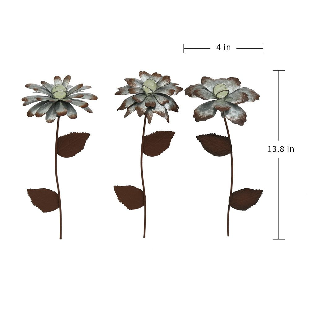 CEDAR HOME Galvanized Floral Garden Stake Outdoor Glow in Dark Plant Pick Water Proof Metal Stick Art Ornament Decor for Lawn Yard Patio, 4"W x 1.5"D x 13.8"H, 3 Set