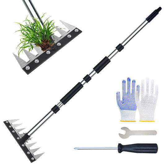 Thickened Version Stainless Steel Weeding Tool, 8 Tines Manual Weeder Rake, Garden Weed Puller Tool with Adjustable Length Handle, Weeder Rakes for Weeding Loosen The Soil and Collect Fallen