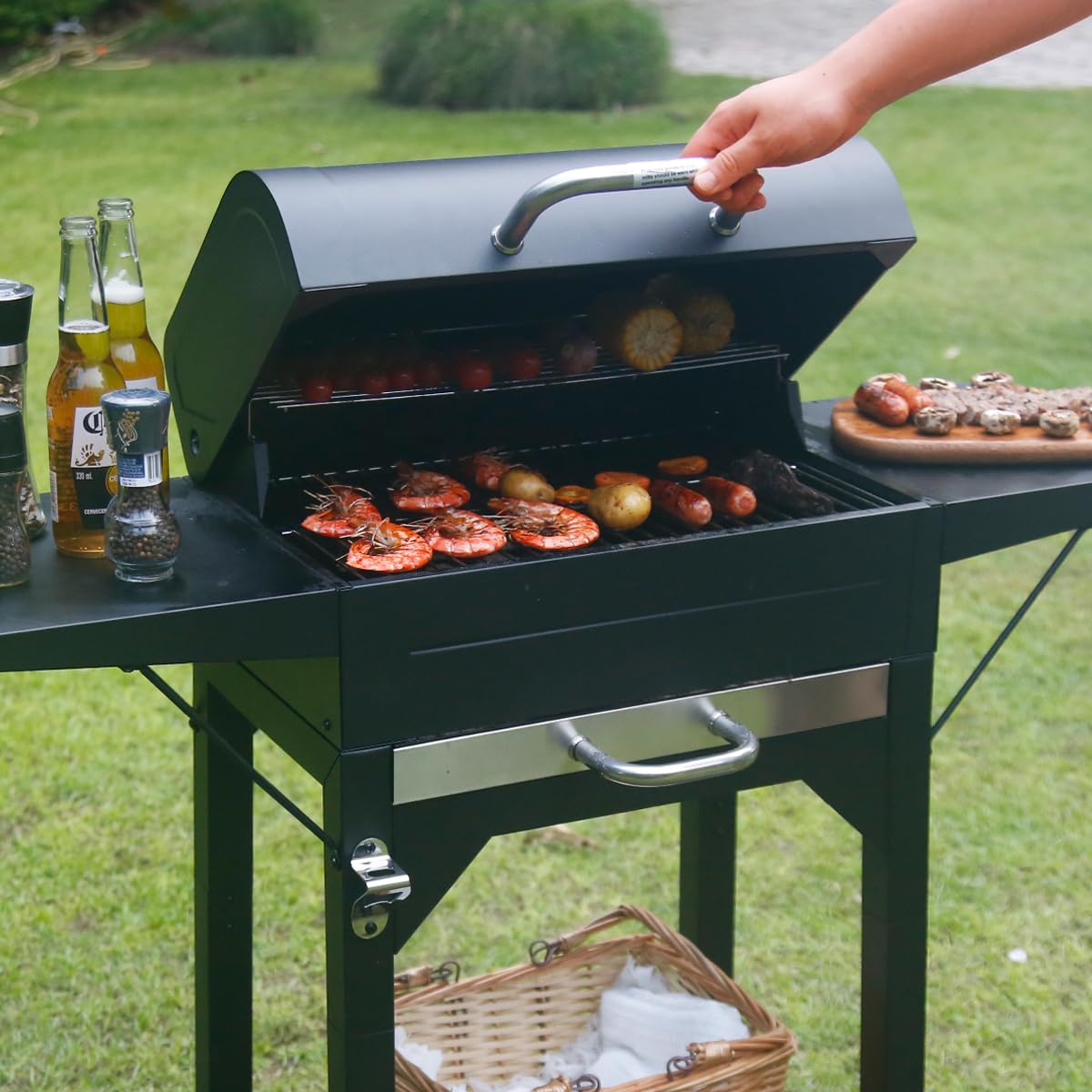 MASTER COOK Charcoal Grills with Two Side Tables, 332 SQIN Cooking Area Outdoor Smoker Barbecue bbq grill for Camping, Patio,Backyard Party, Picnic, Black