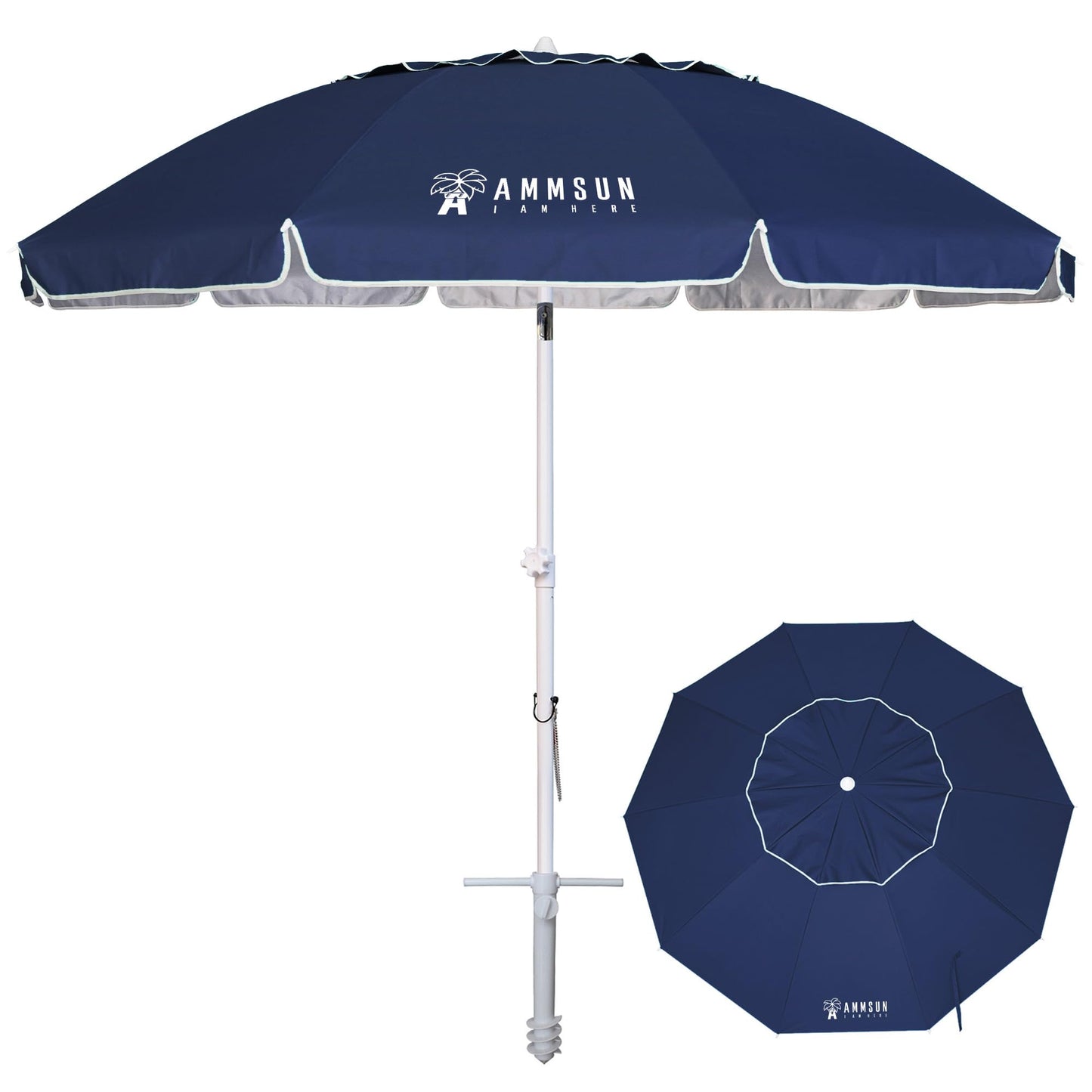AMMSUN 8 FT Large Beach Umbrellas for sand with Sand Anchor Heavy Duty High Wind Portable Outdoor Umbrellas UPF 50+ Protection Air Vent Tilt for Bech Patio Garden (Navy)