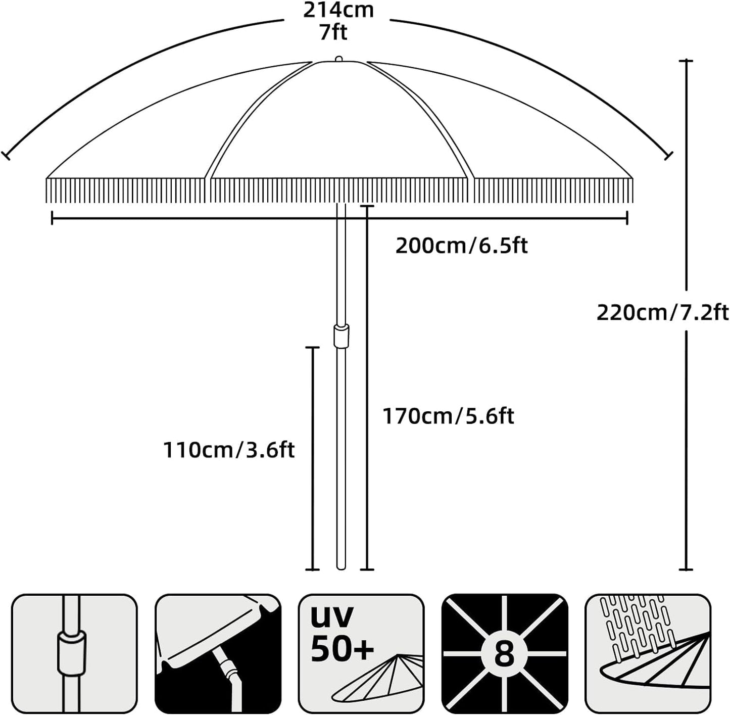 AMMSUN 7ft Patio Umbrella with Fringe Outdoor Tassel Umbrella UPF50+ Premium Steel Pole and Ribs Push Button Tilt, Wave Colorful