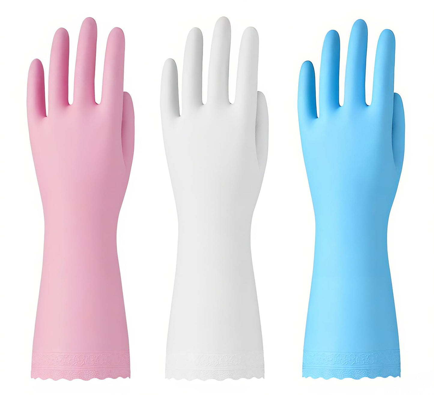 Bamllum Rubber Cleaning Gloves - 3 Pairs Latex Free Kitchen Cleaning Gloves with Cotton Liner- Household Dishwashing Gloves, Non- Slip Waterproof (Medium, Blue+Pink+White)