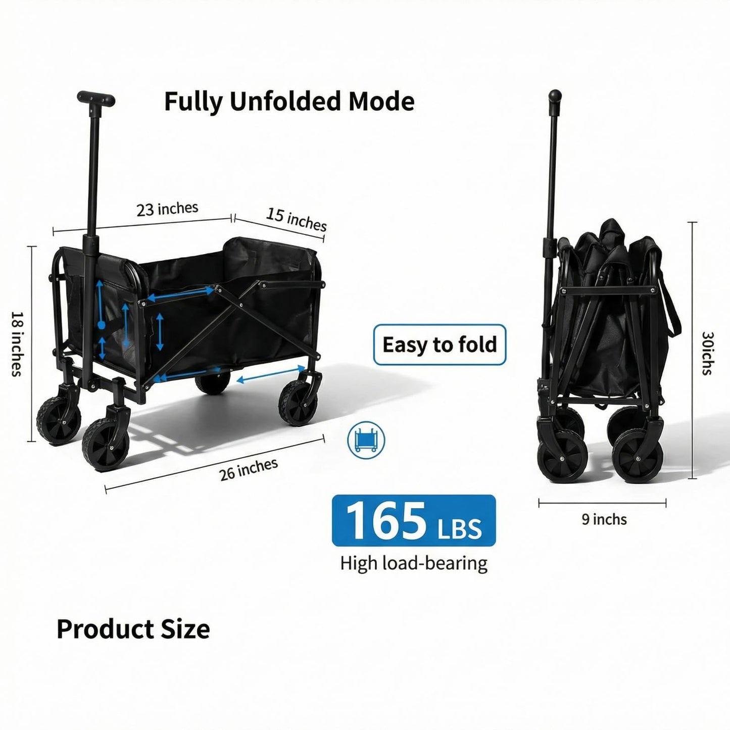 Opkkcun 120L Small Collapsible Wagon Cart Foldable Garden Cart with All Terrain Wheels, Lightweight Portable Utility Wagon for Beach, Camping, Grocery, Shopping, Outdoor Sports