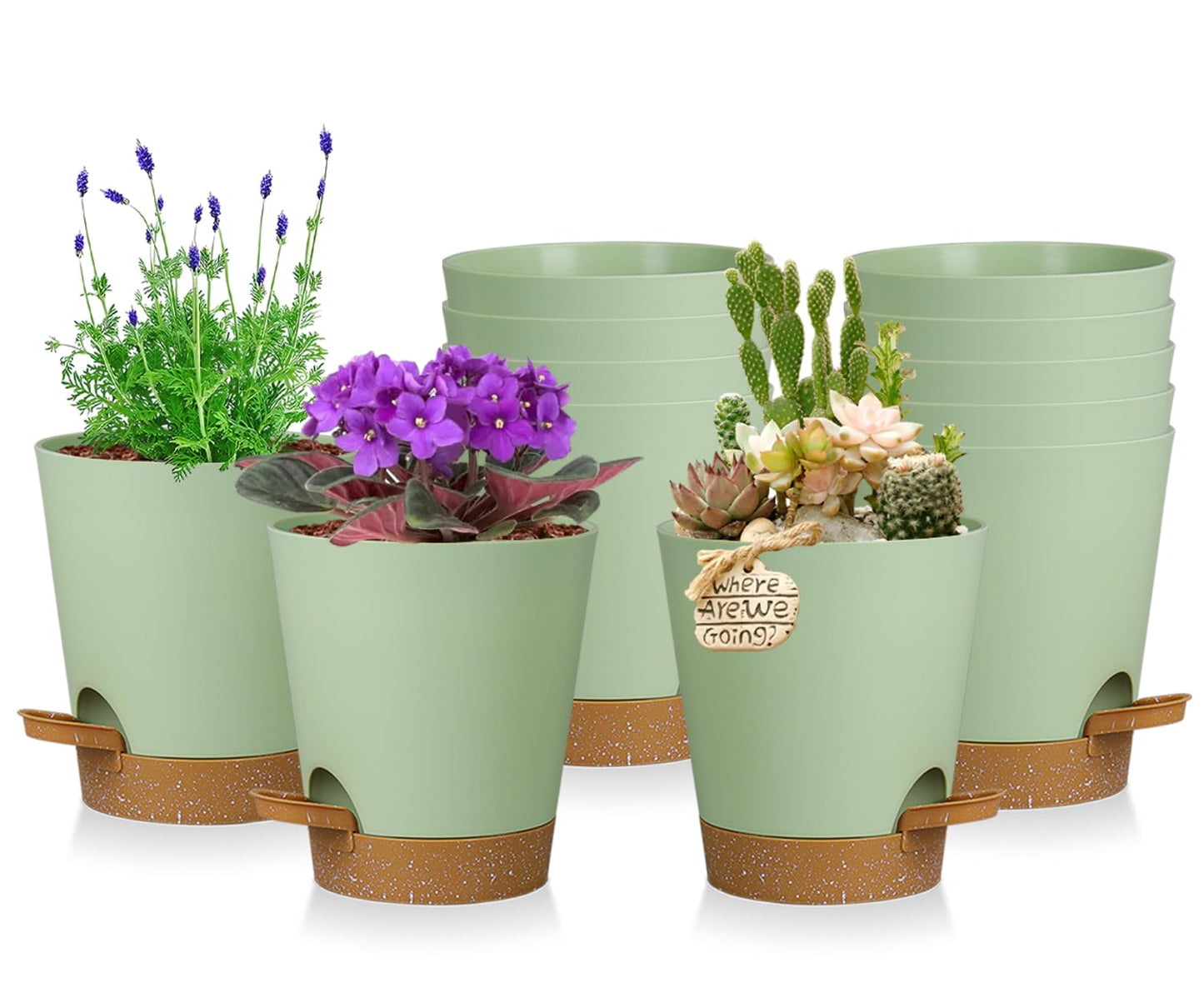 zople 12 Pack 4 Inch Self Watering Plant Pots with Drainage and Saucers，Plastic Flower Pots for Indoor and Outdoor Plants, Nursery Planters for Houseplants and Herbs Green Brown, 4 inch 12pcs