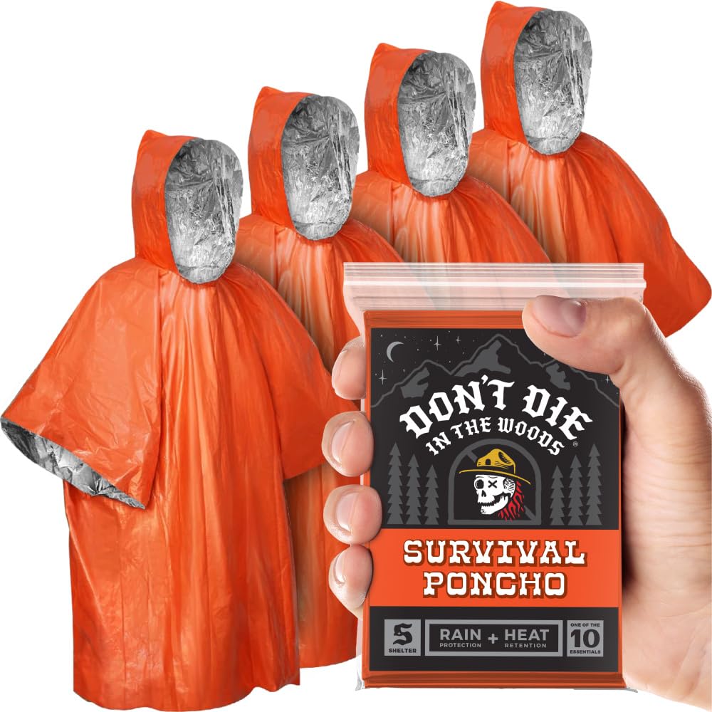 Don't Die In The Woods - Survival Poncho [4-Pack Refill] - Rain Protection + Heat Retention - Wearable Emergency Space Blanket For Hiking Camping Outdoor Gear (Orange)