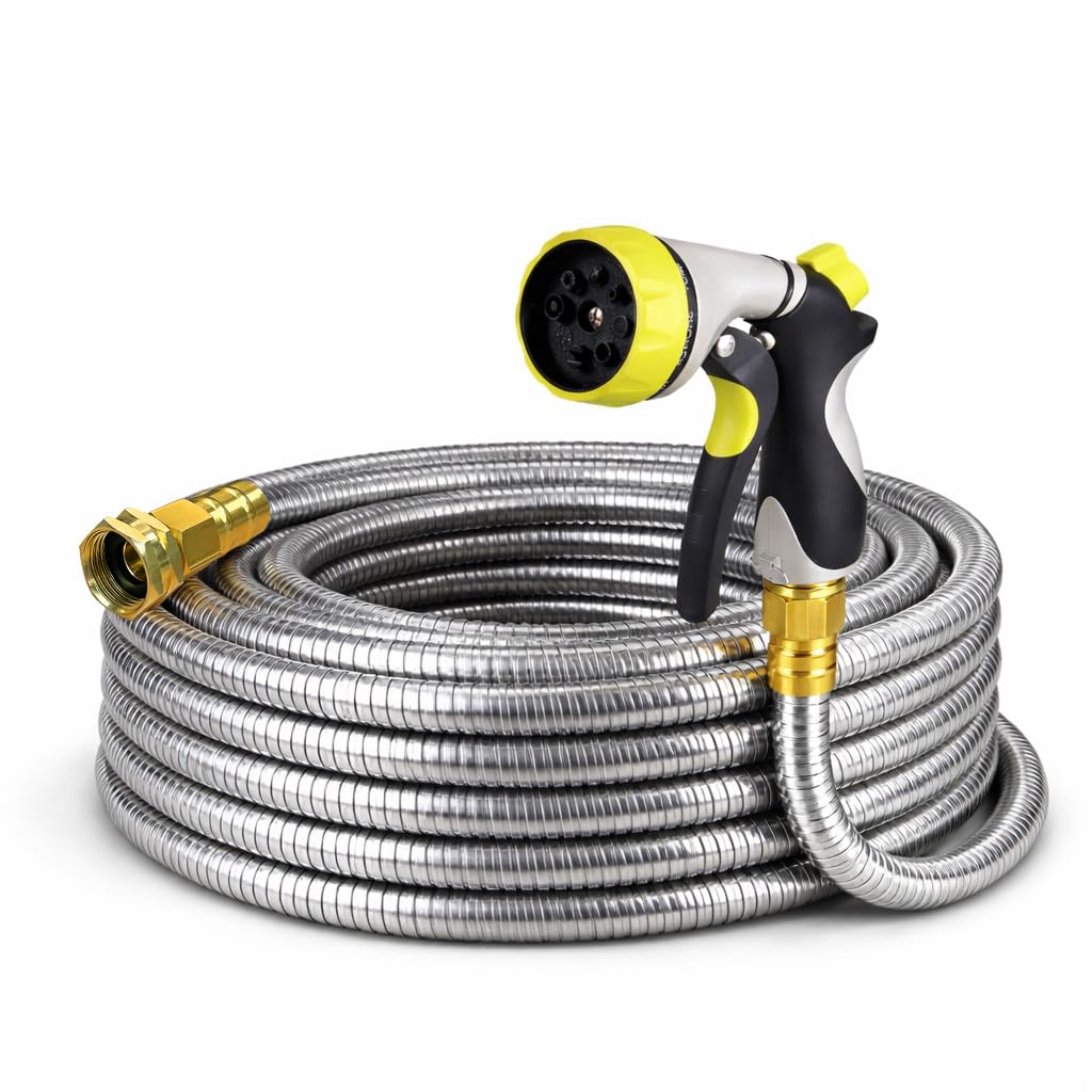 Holldoor Metal Garden Hose 25 ft – 304 Stainless Steel Water Hose with Nozzle Sprayer, Garden Hoses Flexible, Lightweight, No Kink, Heavy Duty for Outdoor (25 ft)
