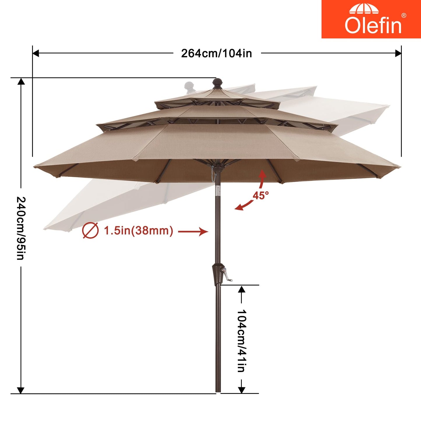 MASTERCANOPY 9ft 3-Tier Olefin Patio Umbrella with Tilt Crank, 5-Year-Non-Fading Canopy & 8 Fiberglass Ribs for Deck, Patio, and Garden, Light Brown