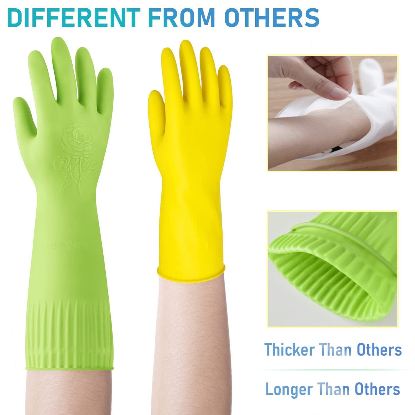 Disfore Rubber-Gloves Dishwashing Gloves for Cleaning-Kitchen - 2 Pairs of Durable and Reusable Kitchen Glove，Long Sleeve Waterproof Household Cleaning Gloves for Washing Dishes (Medium Green)