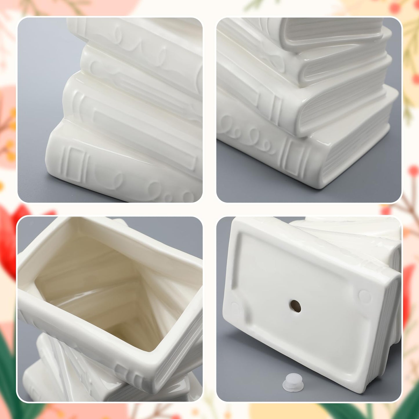 Solsew Ceramic Book Shaped Vase for Flowers 7" x 5.9" x 4.1" Small Ceramic Book-Shaped Vase Cute Bookshelf Decor Flowerpot for Book Lovers Gift Home Office Bookshelf Dining Table Decor(White)