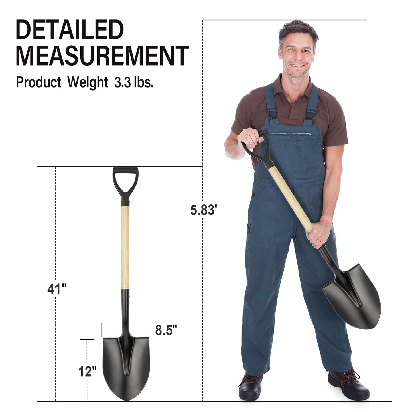 Shovel for Digging,Round Shovel, Garden Tool with D-Handle, 41 Inches in Overall Length, Wooden Handel Garden Shovel,Beach Shovel, Car Snow Shovel