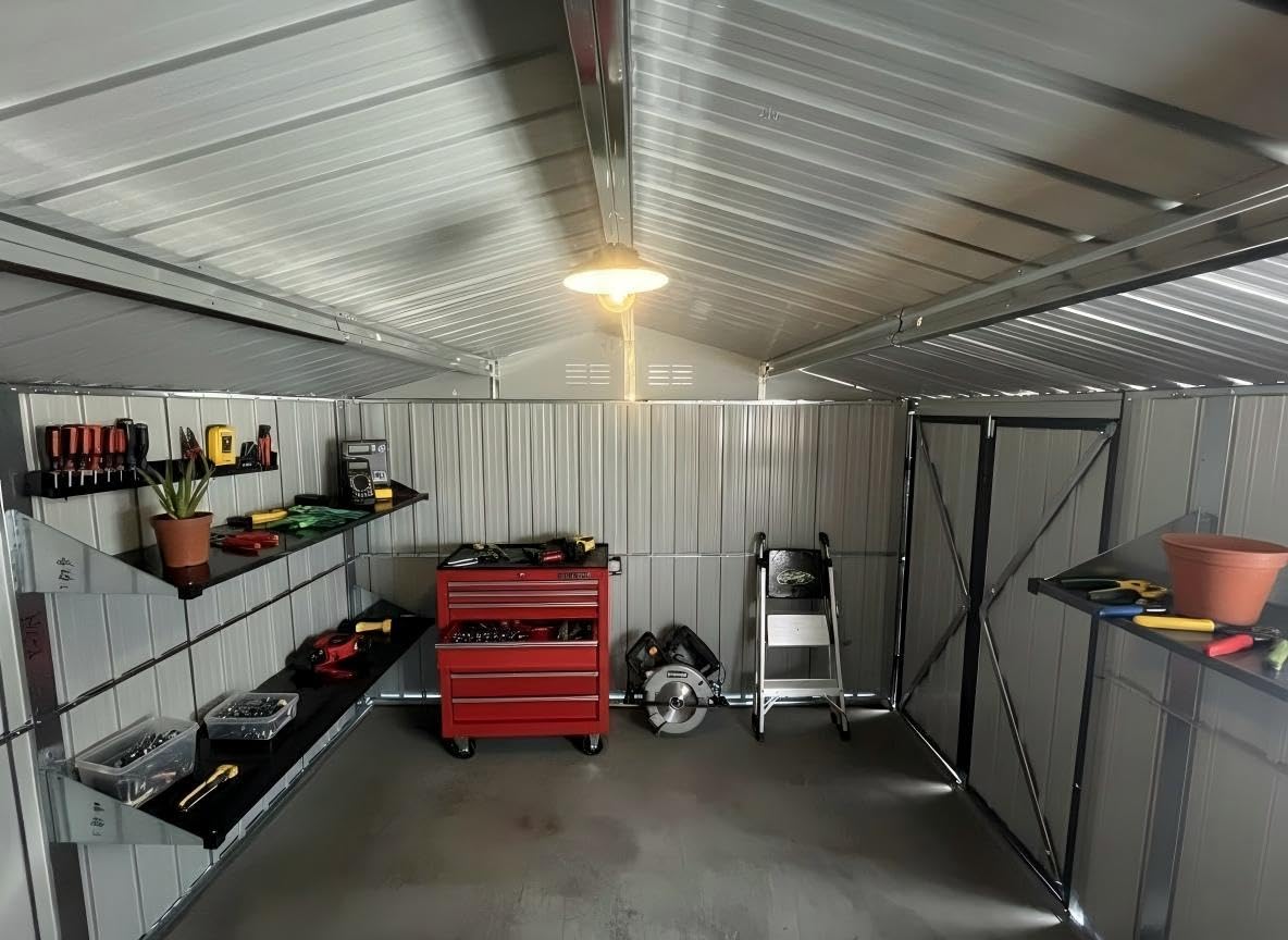KEIKI 12x10 FT Metal Garden Shed with Window & Storage Shelves, Outdoor Storage House, Apex Roof Ventilated Utility Shed with Hinged Door for Backyard Tool Organization, Lock Included, Black