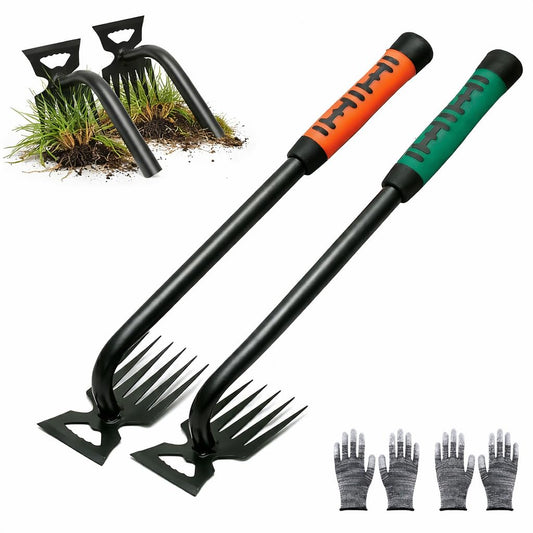 2 Pack Weeding Tools, 6-Tooth Manganese Steel Manual Weeder & Digging Tool with Ergonomic Rubber Grip, Multi-Functional Gardening Hand Tools for Removing Dandelions, Thistles & Yard Weeds