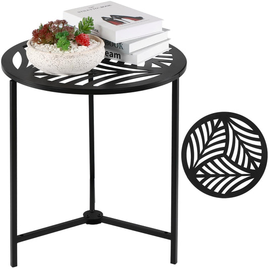 Extra-large Metal Side Table 17.7 Inches Heavy-duty Black Outdoor Patio Garden End Table Round Accent Corner Stand for Small Space Weather-resistant Coffee Table for Balcony Porch Plant Stand, Black