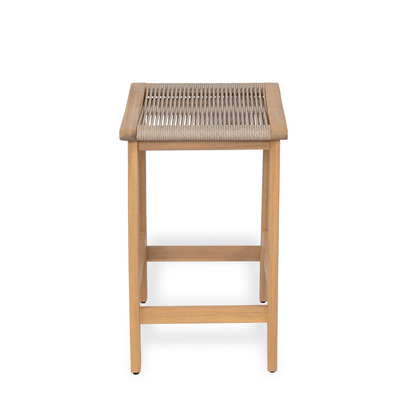 Christopher Knight Home Lily Set of 2 Patio Barstool, Acacia Wood & Woven Rope Outdoor Counter Stool with Footrest, Backless Wooden Barstool Chairs for Backyard Balcony Garden, Beige + Teak