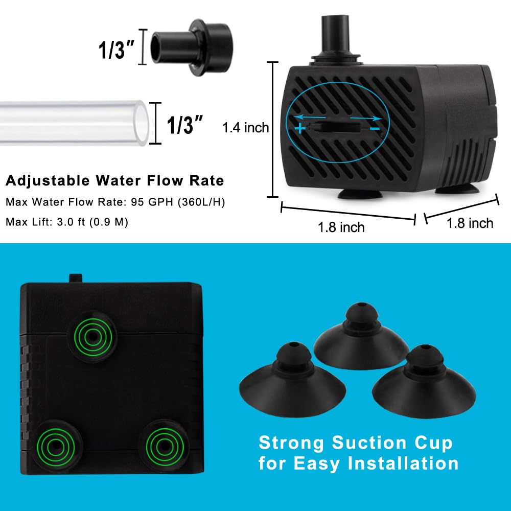 PULACO 95GPH 5W Mini Submersible Water Pump with 3.3 ft Tubing for Aquarium Fish Tank, Pond, Fountain, Hydroponics