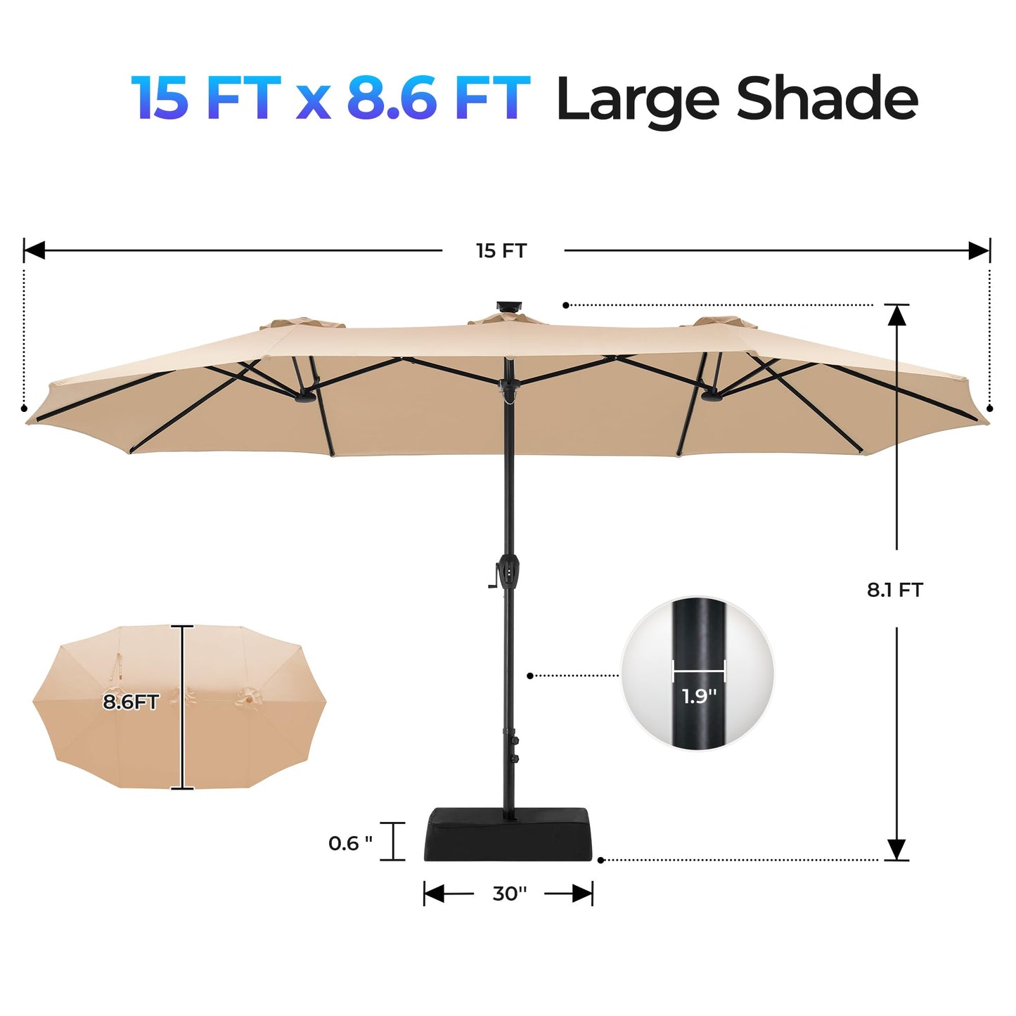 SUPERJARE 15ft Large Patio Umbrella with Base included, Double Sided Outdoor Umbrella with Solar Lights, Pool Umbrella with Fade Resistant Canopy for Deck, Porch, Yard, Balcony, Beige
