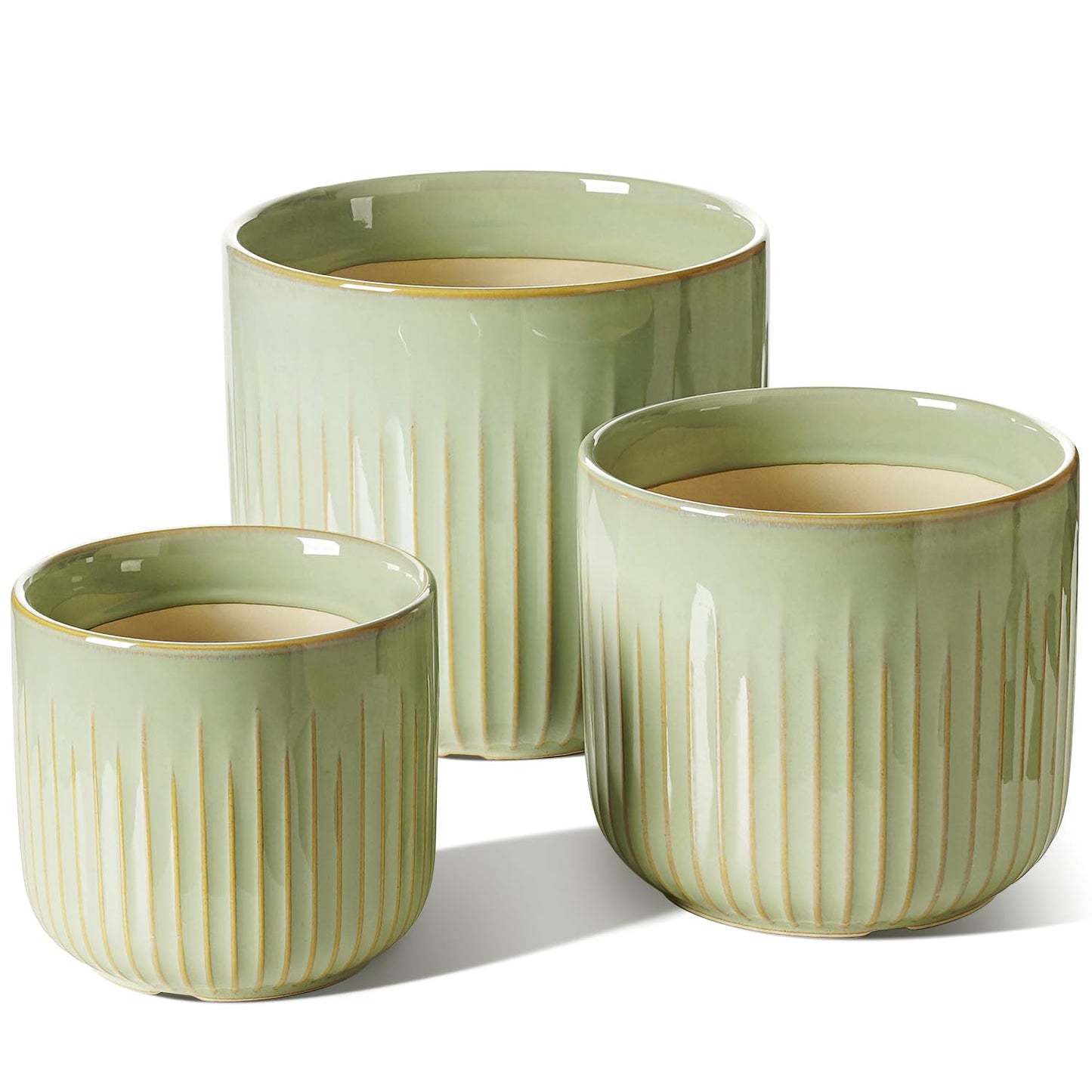 LE TAUCI Ceramic Pots for Plants, 8.3/7/6 Inch Indoor Planters with Drainage Holes & Mesh, Modern Glossy Glaze Cylinder Fluted Plant Pot for Snake Plant, Set of 3, Sage Green