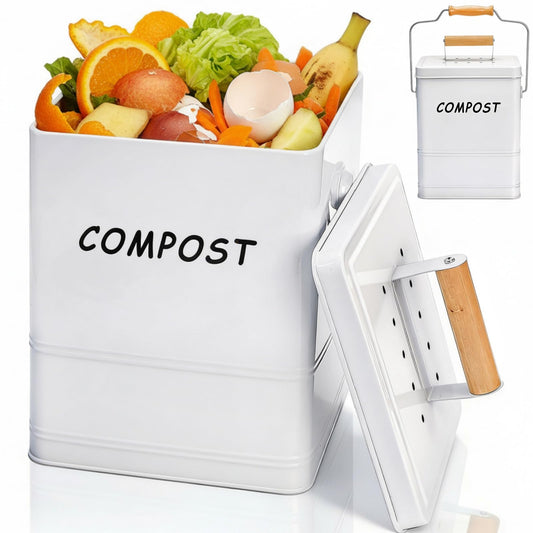 Tlence 1.7 Gallon Kitchen Compost Bin, Countertop Food Waste Pail with Handles, Odorless Composting Bucket with Carbon Filters, Indoor Small Food Scrap Composter for Trash Waste, White