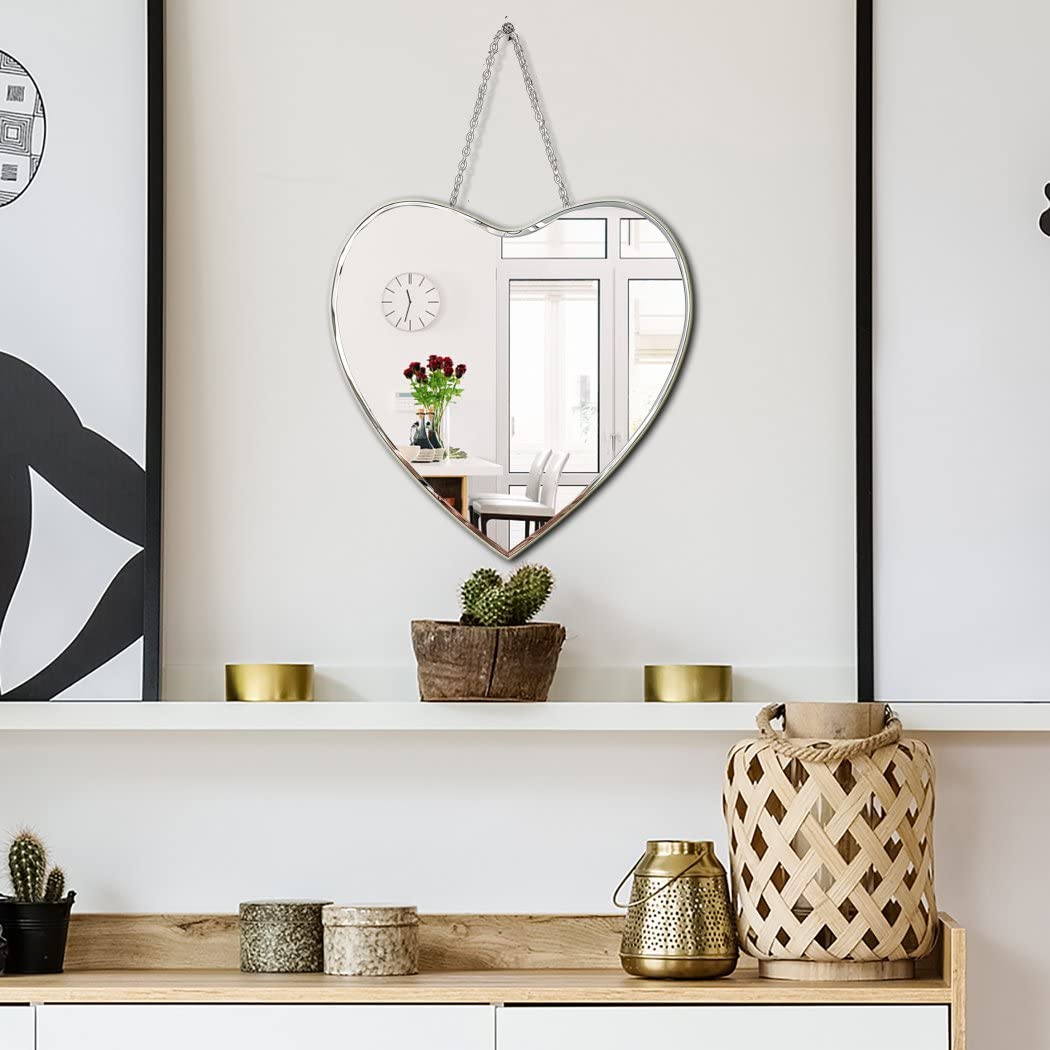 QMDECOR Heart Shaped Mirror with Iron Chain for Wall Decor 12x12 inch Wall Hang Real Glass Frameless Decorative Mirror Glam