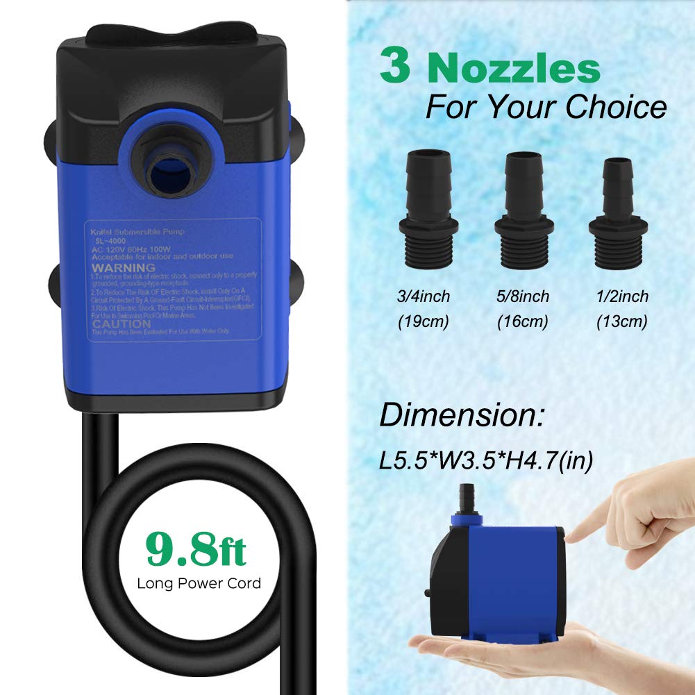 Knifel Submersible Pump 1056GPH (4000L/H 85W) Ultra Quiet with Over Heating Protection 9.8ft Power Cord for Fountains, Hydroponics, Ponds, Aquariums & More…