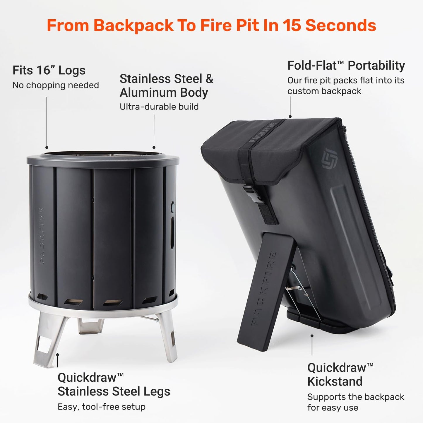 PACKFIRE Portable Fire Pit for Camping - Folds Flat into Packable Carrying Case - Smokeless, Stainless Steel & Aluminum - Perfect for Car, Truck or RV